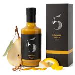 A clear glass bottle contains vivid Dijon-yellow mustard shot through with red chilli flecks. The bold black-and-red label names Chilli No. 5 Devilish Dijon and shows stylized chilli illustrations. A black screw cap seals the 200ml bottle against a neutral background. Soft studio glow shows texture.
