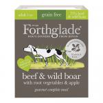 A colorful pouch shows the Forthglade logo, an illustration of beef and wild boar cuts alongside root vegetables and a sliced apple. Earthy browns and greens dominate, with ingredient icons, clear typography and a clean white backdrop.