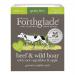 A colorful pouch shows the Forthglade logo, an illustration of beef and wild boar cuts alongside root vegetables and a sliced apple. Earthy browns and greens dominate, with ingredient icons, clear typography and a clean white backdrop.