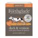 The photo shows a glossy pouch of Forthglade Gourmet dog food. The label displays the brand logo and product name alongside photographs of roasted duck and venison, green beans and a halved apricot. Earthy green and cream tones dominate the packaging.