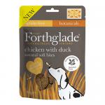 A small rectangular packet displays Forthglade and National Trust logos against green and white packaging. Photographic illustrations of chicken and duck appear beside a clear window revealing bite-sized brown soft treats. Nutritional text and weight appear along the bottom edge. Resealable zip top.