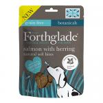 A small upright pouch displays Forthglade and National Trust branding, featuring watercolor-style illustrations of pink salmon and a silver herring. The pack shows scattered brown soft-bite pieces, a green-and-white color scheme, and a clear window revealing treats.