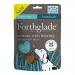A small upright pouch displays Forthglade and National Trust branding, featuring watercolor-style illustrations of pink salmon and a silver herring. The pack shows scattered brown soft-bite pieces, a green-and-white color scheme, and a clear window revealing treats.