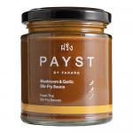 Photo shows six identical clear bottles of PAYST Mushroom & Garlic Stir Fry Sauce arranged in two rows. Dark brown sauce fills each bottle. Labels feature the PAYST name with stylized mushroom and garlic illustrations. Silver caps catch soft studio lighting.