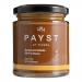 Photo shows six identical clear bottles of PAYST Mushroom & Garlic Stir Fry Sauce arranged in two rows. Dark brown sauce fills each bottle. Labels feature the PAYST name with stylized mushroom and garlic illustrations. Silver caps catch soft studio lighting.
