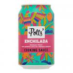 A pack of eight gleaming 330g cans stands in a neat cardboard tray. Each Potts Mexican Echilada Sauce can shows a bold red label with white Potts logo, stylized chili graphics and a 100% recyclable symbol. Clean, uniform rows emphasize the set.