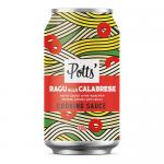 A neat pack of eight 330g metal cans sits in two rows against a white background. Deep red labels display 'Potts’ Ragu alla Calabrese' with illustrations of roasted peppers, fennel fronds and small chillies. Silver can lids and barcode panels are visible on the sides. Under warm studio lights softly.