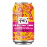 Photo shows eight slim 330g cans arranged in a neat block. Each can sports a warm orange-red label with illustrations of coconut halves, fennel fronds and roasted red chillies, bold white Potts lettering and a 100% recyclable icon on a clean background.