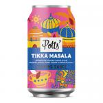 Recyclable aluminium can with a vivid orange-red label that shows a stylised curry swirl, bold Potts logo and text listing roasted cumin, smoked chilli and curry leaves. Clean white accents, small leaf illustrations, nutritional icons and a metal pull-top lid.