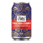 Glossy recyclable can bears a bold Potts logo on a warm red-orange label featuring a steaming bowl of Thai red curry, scattered Thai basil leaves, thin galangal slices and lime leaf artwork. Clean typography and a recyclable icon complete the vibrant, modern packaging. Bright accents catch the eyes.