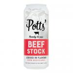 Eight slim aluminum cans stand in two rows, each labeled with the Potts logo and bold Beef Stock text. Deep brown and cream labels show a cow silhouette, simple icons and a recyclable symbol. The cans have a matte finish with sealed pull-tab tops. Lighting casts soft reflections and shorter shadows.