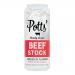 Eight slim aluminum cans stand in two rows, each labeled with the Potts logo and bold Beef Stock text. Deep brown and cream labels show a cow silhouette, simple icons and a recyclable symbol. The cans have a matte finish with sealed pull-tab tops. Lighting casts soft reflections and shorter shadows.