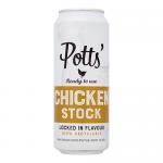 A matte white 500ml aluminum can labeled Potts’ Chicken Stock stands among eight identical cans. Each shows a warm yellow chicken illustration, beige label panels, bold black text and a 100% recyclable symbol. Soft studio light highlights the metallic rim and subtle shadows.