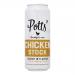 A matte white 500ml aluminum can labeled Potts’ Chicken Stock stands among eight identical cans. Each shows a warm yellow chicken illustration, beige label panels, bold black text and a 100% recyclable symbol. Soft studio light highlights the metallic rim and subtle shadows.