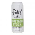 Eight matte aluminium cans sit in a clear shrink-wrapped pack, each bearing the Potts logo on green-and-cream labels with illustrated vegetables and prominent Vegetable Stock wording. Silver pull-tabs, 500ml markings and a recycling icon appear alongside small ingredient and nutrition text.