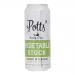 Eight matte aluminium cans sit in a clear shrink-wrapped pack, each bearing the Potts logo on green-and-cream labels with illustrated vegetables and prominent Vegetable Stock wording. Silver pull-tabs, 500ml markings and a recycling icon appear alongside small ingredient and nutrition text.
