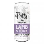 Eight matte silver 500ml cans sit snugly in a rectangular tray, each labeled Potts Lamb Stock with rustic brown and cream graphics, a small lamb illustration and ingredient text. A recycling symbol appears on the can and a printed nutrition panel runs along the side. Lids show soft reflected light.
