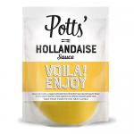 Six 250g tubs of Potts Hollandaise Sauce stand arranged in two rows of three inside simple retail packaging. Each clear-lidded pot reveals smooth pale-yellow sauce. White labels carry the red Potts logo, product name and small text, set against a neutral studio background. Soft sheen reveals texture
