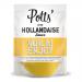 Six 250g tubs of Potts Hollandaise Sauce stand arranged in two rows of three inside simple retail packaging. Each clear-lidded pot reveals smooth pale-yellow sauce. White labels carry the red Potts logo, product name and small text, set against a neutral studio background. Soft sheen reveals texture