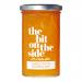 A neat row of six glass jars shows glistening golden-orange marmalade. Each jar has a silver lid and a cream label that features the brand name and stylized fruit illustrations (orange, lemon, grapefruit). They rest on a pale wood surface against a soft neutral background. Soft highlights add depth.