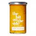 Six identical glass jars sit in a neat pack, each filled with bright yellow chunky piccalilli with visible cauliflower and vegetable pieces. Paper labels show 'The Bit on the Side' and 'Sweet Piccalilli'. Metal lids reflect light on a plain white background.