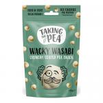 A cluster of seven bright lime-green sharing bags of Taking the Pea Wacky Wasabi crisps is arranged in a fan. Each bag displays a bold logo, a cheeky pea mascot, wasabi-green graphics and crisp chip images; some bags reveal back panels with text on a white background.