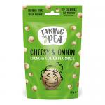 A vibrant lime-green sharing bag displays the Taking The Pea logo and bold Cheesy & Onion lettering. Cartoon peas and illustrated crisp chips scatter across the front, with nutritional icons and a 125g weight badge, set against playful polka-dot accents and glossy highlights. Shiny foil trim gleams.