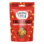 A colorful 125g Sharing Pack of Taking The Pea Sweet Chilli crisps stands upright. Seven individual bright-green bags are visible through a clear front window. Bold white logo, red chilli illustrations and scattered green peas decorate the vibrant yellow and green packaging. It shows a glossy sheen.