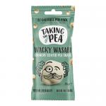 Bright lime-green packet of Taking the Pea Wacky Wasabi crisps sits against a neutral background. The front shows a cheerful pea mascot, bold brand lettering, wasabi illustrations and simple nutritional icons; multiple 25g pod packs sit aligned, displaying playful, vivid packaging artwork.