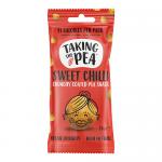 A photo shows several small pod-style packets arranged in a neat pile. Each packet features a vivid green background with red sweet-chilli accents, a bold Taking the Pea logo, playful pea and chili illustrations, and crisp graphic details against a plain white backdrop. Soft shadows add depth. Shot