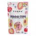 Brightly colored pouch displays seven Yumma Cups visible through a clear window; glossy wrappers show swirls of pastel pink and orange. A bold logo sits at the top, small icons and text run along the bottom, and playful candy illustrations decorate the background. Soft highlights add gentle depth now