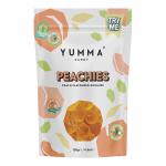 Seven glossy peach-colored pouches stand in a neat row, each labeled with a cheerful Yumma logo and a peach illustration. A small transparent window reveals soft, sugar-coated peach gummies. Bright orange and pink hues and playful typography create a fun, fruity display. Soft sheen and soft shadows.