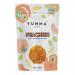 Seven glossy peach-colored pouches stand in a neat row, each labeled with a cheerful Yumma logo and a peach illustration. A small transparent window reveals soft, sugar-coated peach gummies. Bright orange and pink hues and playful typography create a fun, fruity display. Soft sheen and soft shadows.