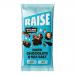 Image shows a rectangular box holding twelve individually wrapped 35g bars of Raise Snacks Dark Chocolate & Sea Salt. Dark navy and cream wrappers display the brand logo, stylized chocolate pieces sprinkled with sea salt, and small nutrition panels.