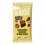 Bright rectangular box of Raise Snacks Salted Caramel Chocolate bars shows twelve 35g packs. Packaging features warm caramel and dark chocolate tones, glossy chocolate imagery, salted flakes graphics, brand logo and icons, plus a cut-open bar reveals a caramel ribbon.