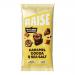 Bright rectangular box of Raise Snacks Salted Caramel Chocolate bars shows twelve 35g packs. Packaging features warm caramel and dark chocolate tones, glossy chocolate imagery, salted flakes graphics, brand logo and icons, plus a cut-open bar reveals a caramel ribbon.