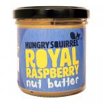 Six identical 180g glass jars sit in a neat row, each filled with vivid raspberry-red spread. White labels display the Hungry Squirrel logo and 'Royal Raspberry', while metal screw-top lids catch highlights. The spread’s glossy texture and tiny seeds are visible through the glass Soft light visible
