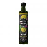 A grouped set of six 500ml glass bottles stands in a molded cardboard tray. Each bottle shows a green-tinted glass, a minimalist label reading Hunter & Gather Organic Extra Virgin Olive Oil, olive branch graphics and a dark screw cap; soft studio lighting creates subtle reflections. Neat, tidy look.