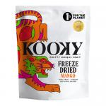 A cluster of twelve compact matte pouches in vibrant mango-orange, each labeled Kooky Freeze Dried Mango 100% Fruit 12g. A clear window shows airy, shriveled bright-orange mango pieces. A playful logo and small fruit illustrations decorate the packaging.