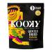 A bright yellow pouch of Kooky Gently Dried 100% Banana shows a clear window revealing irregular, golden banana slices. The bold Kooky logo appears at the top with playful fruit illustrations. Ingredient text and weight appear in small print along the bottom and sides. Matte finish with silver tear.