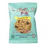 A small rectangular snack pack shows the Sweet FA logo on a pale kraft-style background. A clear window reveals two golden oat-and-raisin cookies studded with dark raisins. Gluten-free and Island Bakery badges sit beside oat illustrations and simple typography. Subtle shadow and a glossy sheen show.