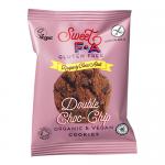A small rectangular snack pack with glossy brown and cream packaging, the 'Sweet FA' logo prominent above the words 'Gluten Free' and 'Double Chocolate Chip'. A photo of chunky dark cookies and scattered chocolate chips decorates the front, with a clear nutrition panel visible. At the top is a seal.