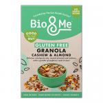 Five identical 350g packs stand upright side by side. Each front shows the Bio&Me logo, product name, illustrated cashews, almonds and granola clusters, a gluten-free mark, and clean white-and-earthy-green packaging with natural imagery.