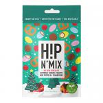 A neat arrangement of eight glossy 90g H!P n Mix pouches displays bold H!P logos and rich brown chocolate imagery. Each pouch shows stacked chocolate squares and scattered cocoa pieces against a warm gradient background, with sealed tear-notches and legible product text. Shiny reflections add sheen.