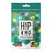 A neat arrangement of eight glossy 90g H!P n Mix pouches displays bold H!P logos and rich brown chocolate imagery. Each pouch shows stacked chocolate squares and scattered cocoa pieces against a warm gradient background, with sealed tear-notches and legible product text. Shiny reflections add sheen.