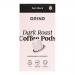 Photograph shows a rectangular refill box of Grind Coffee Roasters pods. Matte black packaging features a bold white logo and dark roast label. The compact box displays a home-compostable icon, weight 90g and a 10 x 10 quantity line, sitting on a neutral surface. Soft studio lighting highlights matte