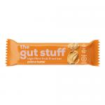 A close-up photo shows a wrapped peanut butter high-fibre fruit & nut bar in a warm, kraft-coloured wrapper. The brand name and product title appear prominently, with hand-drawn peanuts, dried fruit and nut illustrations beside nutritional callouts. Plain white backdrop frames the pack. Soft effect.
