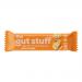 A close-up photo shows a wrapped peanut butter high-fibre fruit & nut bar in a warm, kraft-coloured wrapper. The brand name and product title appear prominently, with hand-drawn peanuts, dried fruit and nut illustrations beside nutritional callouts. Plain white backdrop frames the pack. Soft effect.