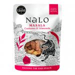 A dozen slim 40g Nalo packets sit in a neat rectangular arrangement, each glossy pouch showing vibrant orange and green branding and a clear window revealing roasted masala-coated cashews and almonds. Small icons and nutrition text appear on the front of every pouch. Pale backdrop with soft lighting.