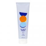 White plastic bottle with a soft-pink pump dispenses foaming facewash. The label shows bright fruit illustrations - berries and citrus slices - on a pale peach background, with bold brand name and product title in clean typography and small icons denoting volume.